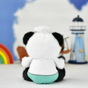 Back view of a plush doctor panda doll wearing a white hat and teal pants decoration