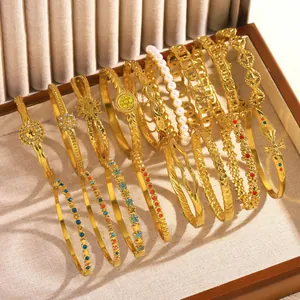 Vintage bohemian gold stainless steel bracelets set with colorful rhinestones and pearls