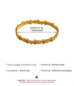 Detail view of Bohemian gold flower bracelet with red rhinestones and measurements