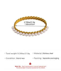Gold stainless steel pearl bracelet specifications showing 5cm diameter and 21.8g weight