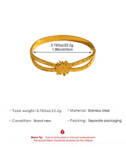 Detail showing measurements and specifications of a gold sunburst stainless steel bangle bracelet