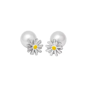 Minimalist daisy flower pearl stud earrings with white enamel petals.