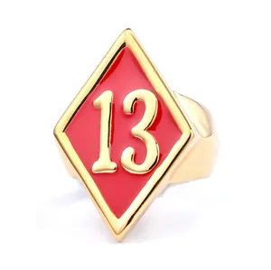 Vintage gold stainless steel ring with red enamel diamond face and lucky number 13