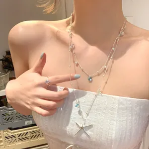 Niche Design Fashion Versatile Silver Starfish Seashell Pendant Necklace For Women Summer Ocean Style Artificial Pearl Rhinestone Jewelry