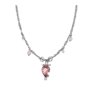 Sweet strawberry zircon and pearl necklace with silver-tone chain on white background