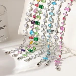 Stainless Steel Colorful Rhinestone Bracelet For Women Dopamine Style Light Luxury Adjustable Chain Bracelet Jewelry Gift