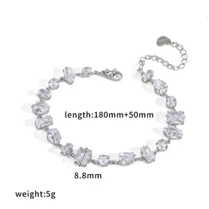 Elegant silver stainless steel bracelet with multifaceted clear cubic zirconia