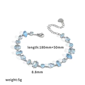Elegant light blue cubic zirconia stainless steel bracelet with adjustable extension chain