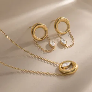 Minimalist 18K Gold Plated Stainless Steel Jewelry Set Marquise Rhinestone Pendant Necklace Circle Stud Earrings For Women