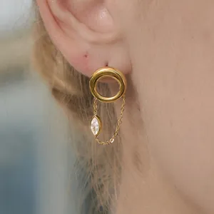 Minimalist 18k gold plated stainless steel earring with marquise crystal chain detail