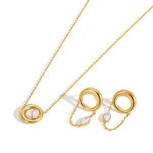 Minimalist 18k gold plated stainless steel necklace and earrings set with marquise stones