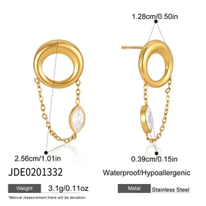 Detailed view of gold stainless steel earrings with dimensions and weight info.