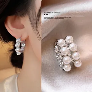 French Minimalist Luxury Artificial Pearl Rhinestone Hoop Earrings For Women Fashion Elegant Daily Wear Jewelry Gift