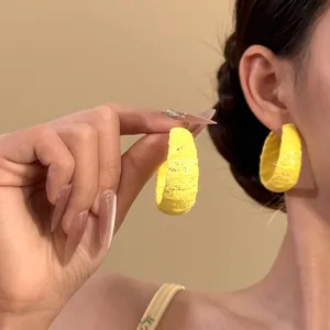 Pendientes de Aro Envueltos en Encaje en Forma de C Retro para Mujer Con Poste de Plata de Ley 925 Joyería de Pendientes de Moda Geométrica de Tela Colorida
