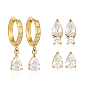 Coffret de 3 paires de boucles d'oreilles en acier doré 18K avec pendentifs en zircon goutte