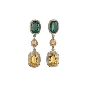 Vintage court style drop earrings with multi-color cushion zircons and silver needles
