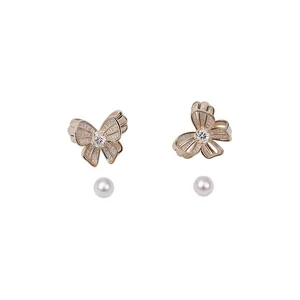 Elegant gold butterfly pearl stud earrings with sparkling crystals for women