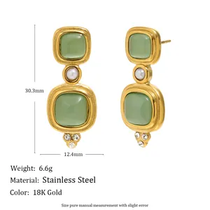 Boucles d'oreilles vintage en acier inoxydable plaqué or 18K avec pierres et perles