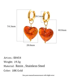 Detailed dimensions of 18K gold plated stainless steel resin spiral heart hoop earrings.
