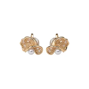 Elegant gold zircon flower petal ear clips with white pearls for non-pierced ears