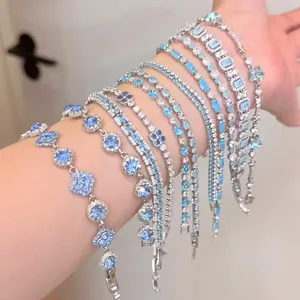 Juego de pulseras de flores de circonita azul sal marina en plata para estilo coreano dulce