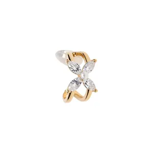 Elegant gold ear cuff with zircon flower and pearl center for non-pierced ears jewelry
