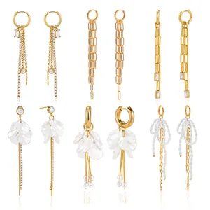 Elegant gold-plated titanium steel dangle earrings with chain tassels and pearl accents