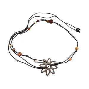 Handmade bohemian beaded waist chain with vintage coconut shell flower and wooden beads
