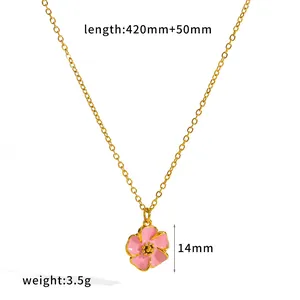 Stainless steel gold plated chain with delicate pink enamel flower pendant for women
