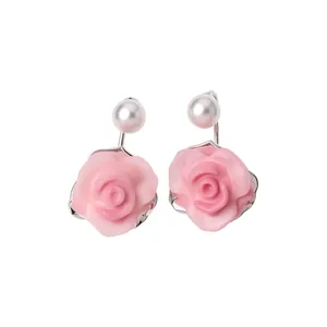 French style elegant pink rose flower earrings with white pearl studs on white background