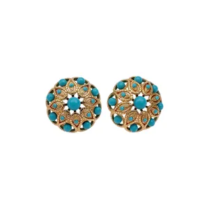 Elegant vintage palace style hollow flower stud earrings with turquoise blue beads insert