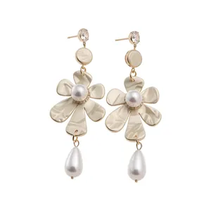 Elegant French vintage flower pearl drop earrings with long gold tassel for women