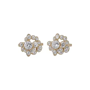 Elegant irregular hollow diamond ear clips with clear crystals in light gold setting.