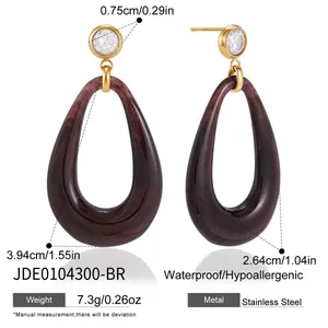 Detailed view of purple resin teardrop earrings with gold stainless steel studs