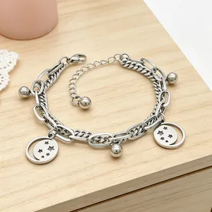 Elegant ladies double-layered stainless steel bracelet with hollow star and moon charms