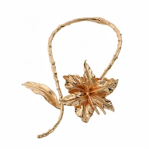 Exquisite gold metal wrinkled flower choker necklace featuring a textured branch band