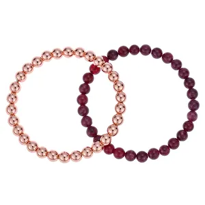Interlocking 6mm natural red garnet and rose gold copper beaded stretch bracelets