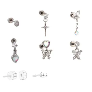 Titanium steel cartilage earrings set with butterfly heart shapes and screw backs