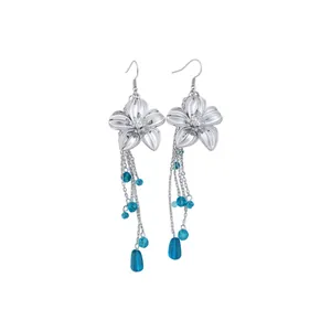Elegant silver-toned flower tassel earrings featuring blue beads and ear hooks