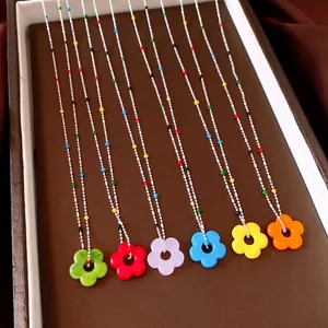 Dopamine Glas Bloem Hanger Ketting Vrouwen Koper Verzilverd Gekleurde Kralen Minimalistische Sleutelbeenketting Sieraden