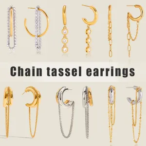 Detailed view of various gold and silver stainless steel chain tassel earrings styles