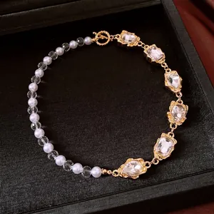 French vintage pearl and crystal beaded necklace with gold-tone rhinestone accents