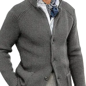 Men's grey waffle knit cardigan with buttons and standing collar