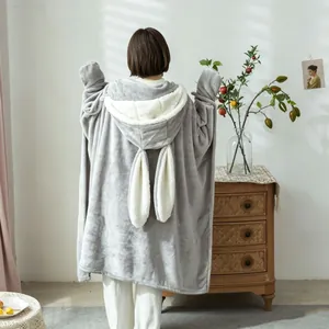 Oversized wearable blanket with rabbit ears and soft plush lining for women at home