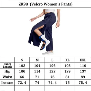 Guide des tailles détaillé pour pantalon de soin avec ouvertures Velcro.