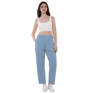 Pantalon de pyjama en velours côtelé bleu clair pour femme, facile à enfiler