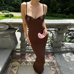 Summer slim fit brown camisole maxi dress with sequin patchwork bust detail