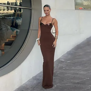 Detailed full-length view of a brown slim fit sling maxi dress with sequined bust cup
