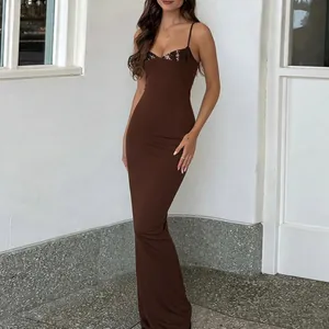 Elegant brown slim-fit spaghetti strap maxi dress with sequined bust detail