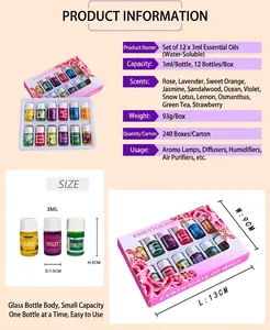 12-pack water-soluble 3ml aroma essential oils set with detailed size information